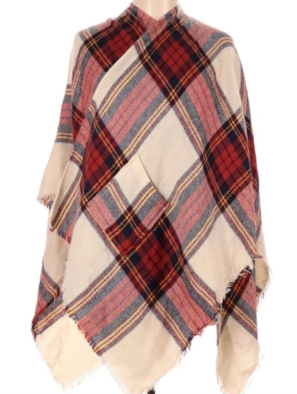 Isa & Stef Plaid Fringe Poncho in Cream & Red EUC